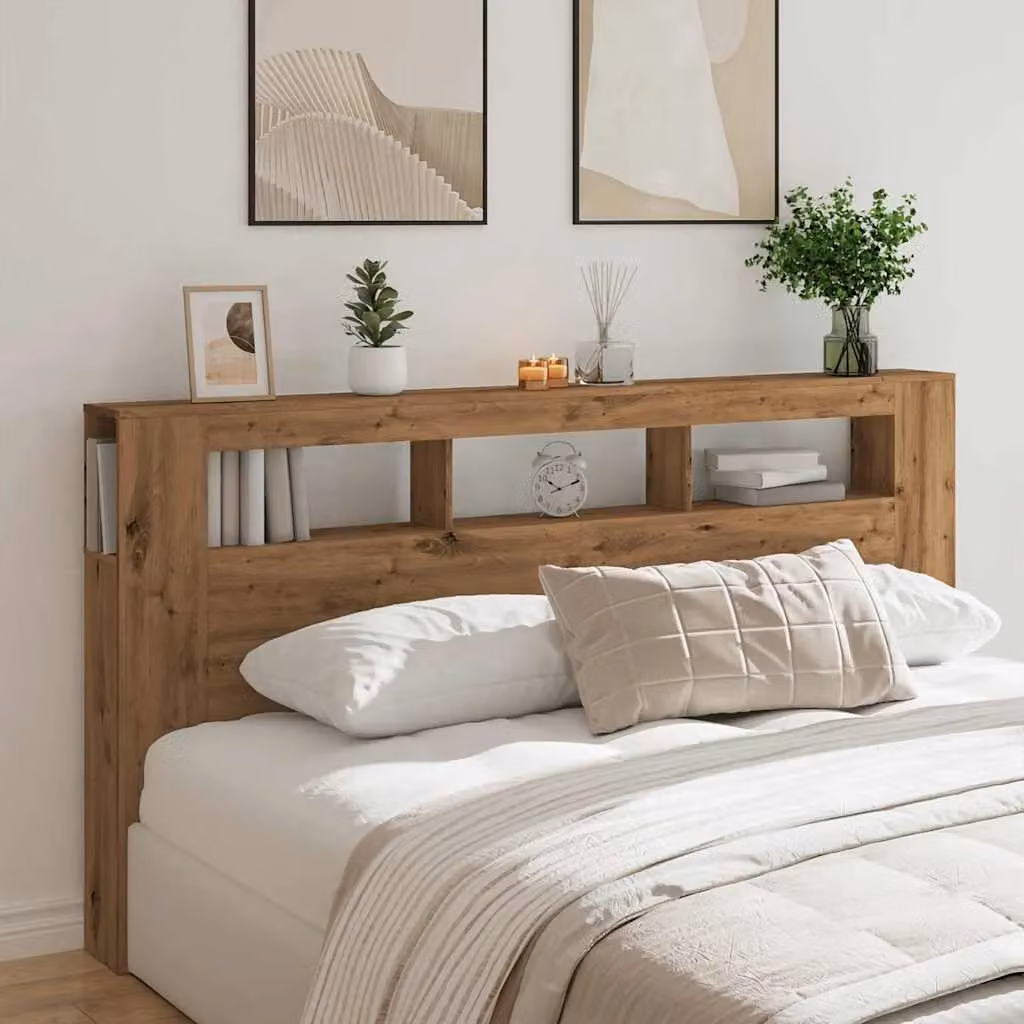 Berkfield Home Artisan Oak LED Headboard in Brown with Integrated Lighting, Shelf and USB Charging Port, W: 200 cm, D: 18.5 cm, H: 103.5 cm – 3