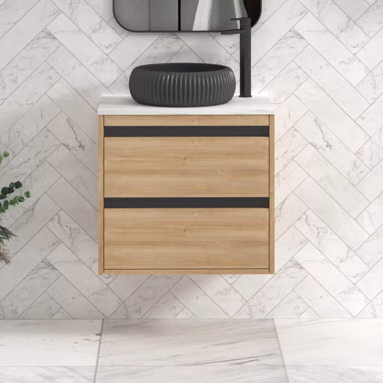 Royal Bathrooms Orion 600mm Natural Oak Wall Hung Vanity Unit with 2 Drawers, Milan Black Basin and Black Accent Trim