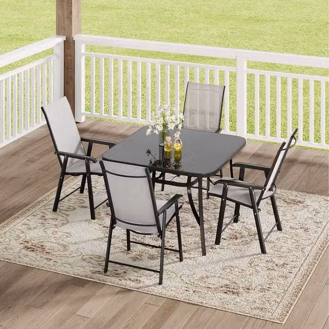 Komore Black Glossy Rectangular Glass Patio Table and Four Chairs Set