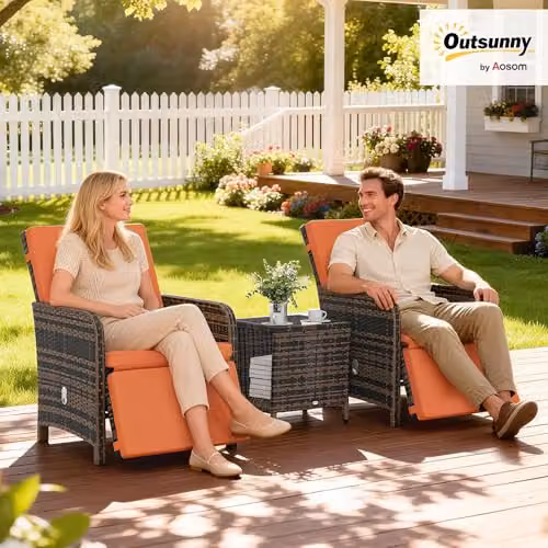 Outsunny 3 Piece Rattan Garden Bistro Set with Adjustable Backrests in Orange – 2