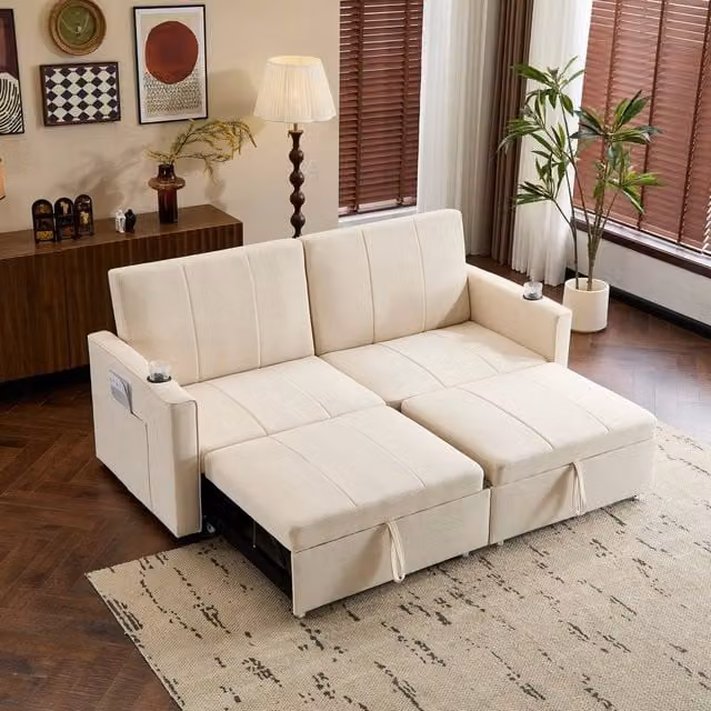 BTM Convertible Fabric Pull Out Sofa Bed with Cup Holders in Beige and Grey, W/D/H: 140 x 190 x 61 cm – 1