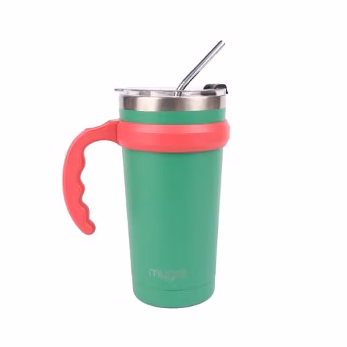 Myga Insulated Stainless Steel Travel Mug Tumbler with Straw and Flip Top Lid, Green, 590ml