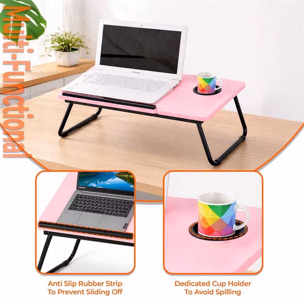 FLAVORA Pink Foldable Laptop Table with Adjustable Tilting Top and Height Adjustment – 4