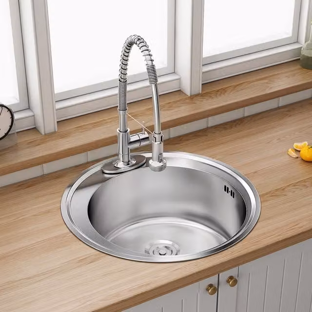 Livingandhome Round Stainless Steel Kitchen Sink Wash Basin Bowl with Removable Drainer Set, Silver, Diameter: 49 cm