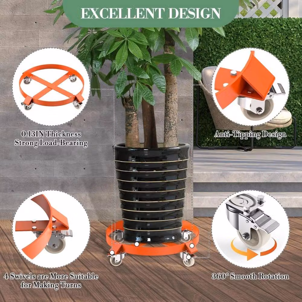 VOGREX 2 Pack Steel Frame 55 Gallon Drum Dolly in Orange with 1000lbs Capacity – 2