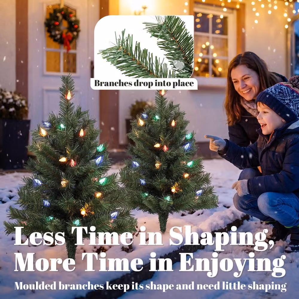 HOMCOM 2-Pack Green LED Prelit Christmas Trees with Ground Stakes, Height: 60 cm – 6