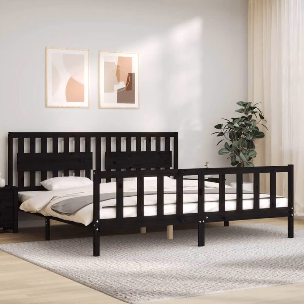 Berkfield Home Solid Wood Bed Frame with Headboard in Black, 200 x 200 cm – 2