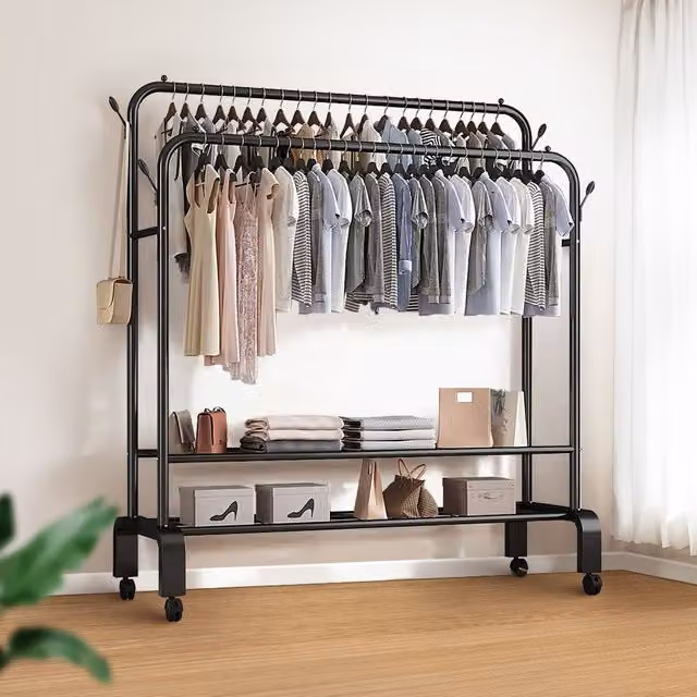Living and Home Matt Black Metal 2-Rod Clothes Rail with Wheels – 1