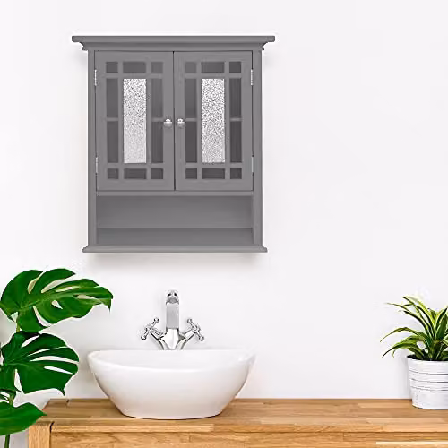 Teamson Home Windsor Wall Mounted Wooden Bathroom Cabinet with Glass Doors in Grey – 2