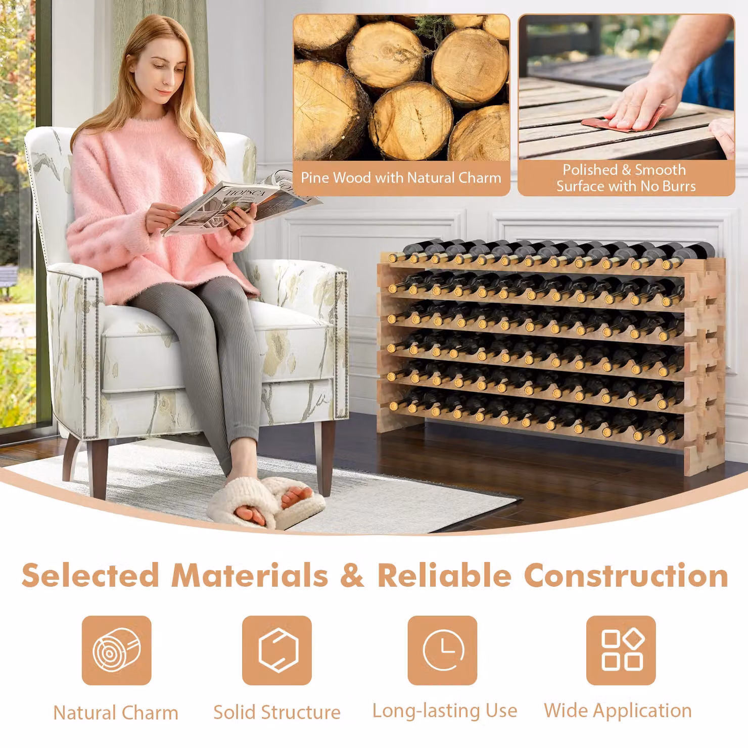 Gymax Stackable Modular Pine Wood Wine Rack with 72 Bottle Capacity in Natural Brown – 4