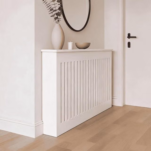 Home Source White MDF Radiator Cover with Striped Lacquered Design, Width: 150 cm