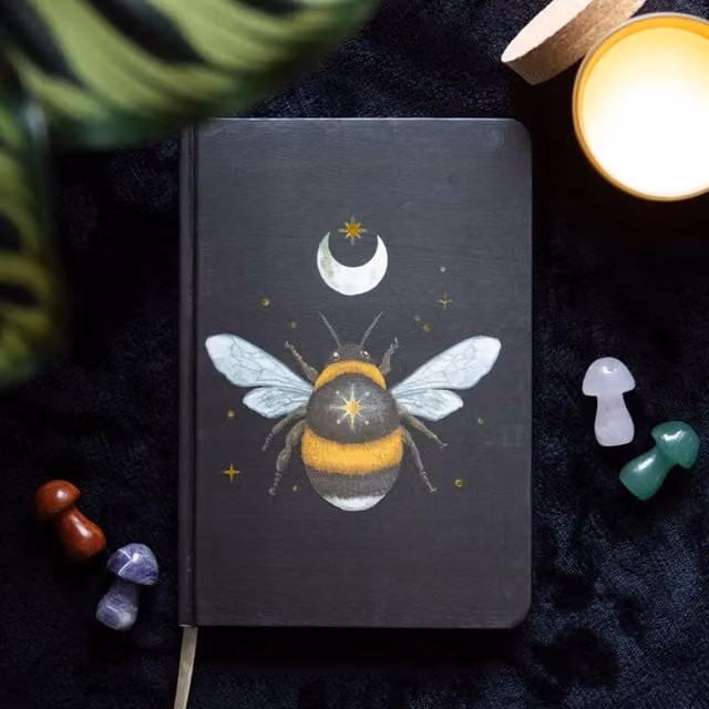 KDMK Mystical Bee A5 Lined Hardcover Notebook with Gold Foil Edges and Bookmark in Black
