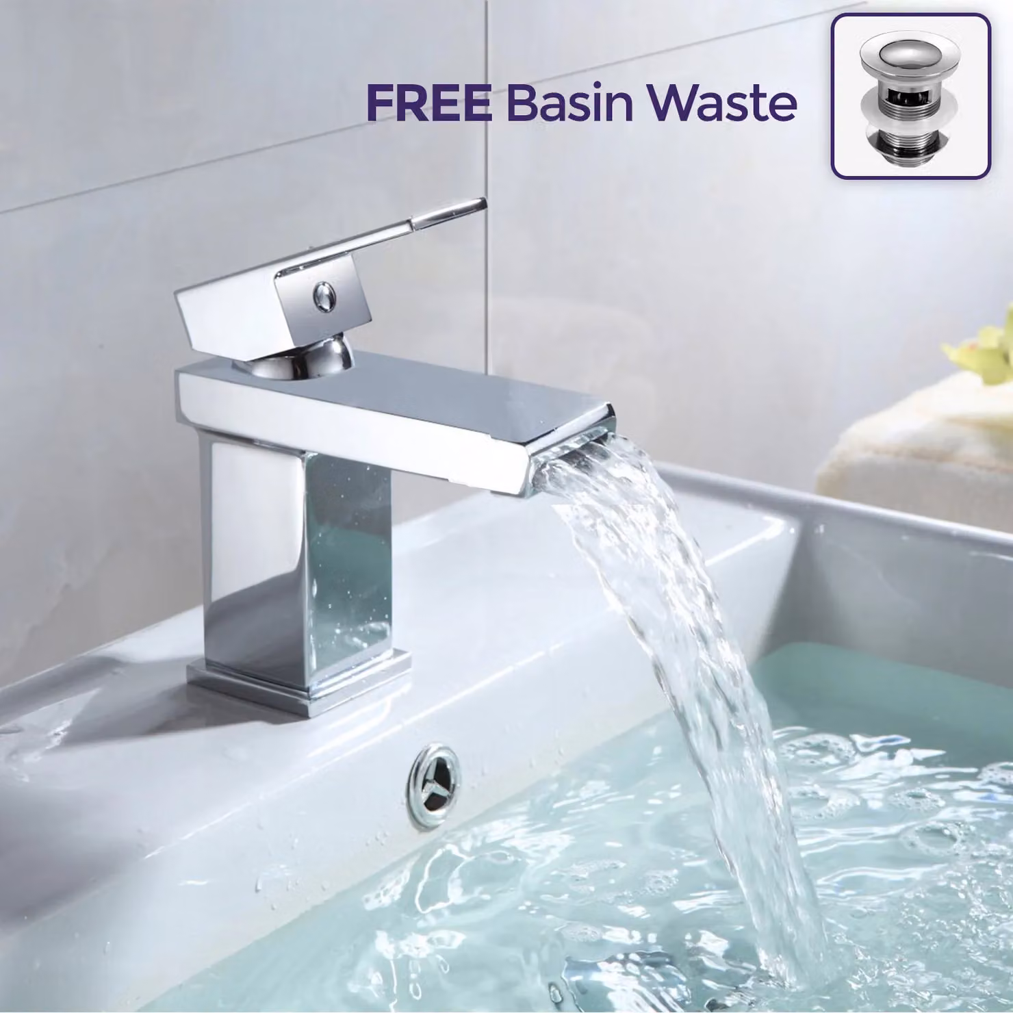 Nes Home Modern Square Waterfall Basin Mono Mixer Tap and Pop Up Waste in Silver Chrome – 2