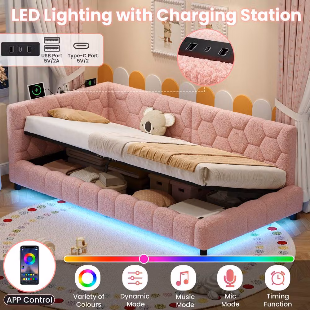 Matteo Pink Boucle 3ft Single Hydraulic Storage Bed with Smart RGB LED Lights and USB Charging Port W/D/H: 90 x 190 cm – 6