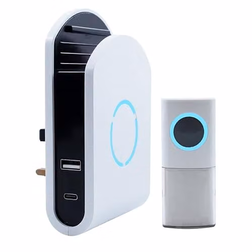 Uni-Com Wireless Plug-in Door Chime with Built-in USB-A and USB-C Charger, 200m Operating Range, 30 Chimes and LED Alert, White – 1