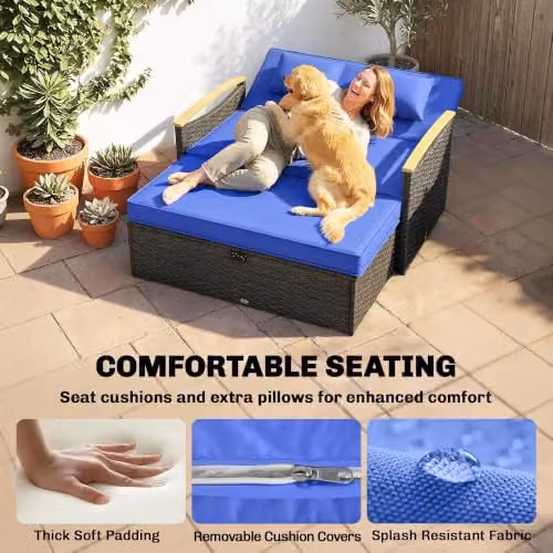 Outsunny Double Garden Rattan Daybed with Storage Ottoman and Side Tray, Brown and Blue – 5