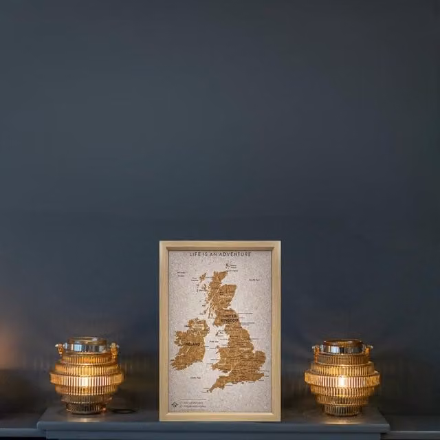 Splosh White UK Travel Map with Cork and Wood Tabletop Design W/D/H: 101.0 x 27.0 x 27.0 cm