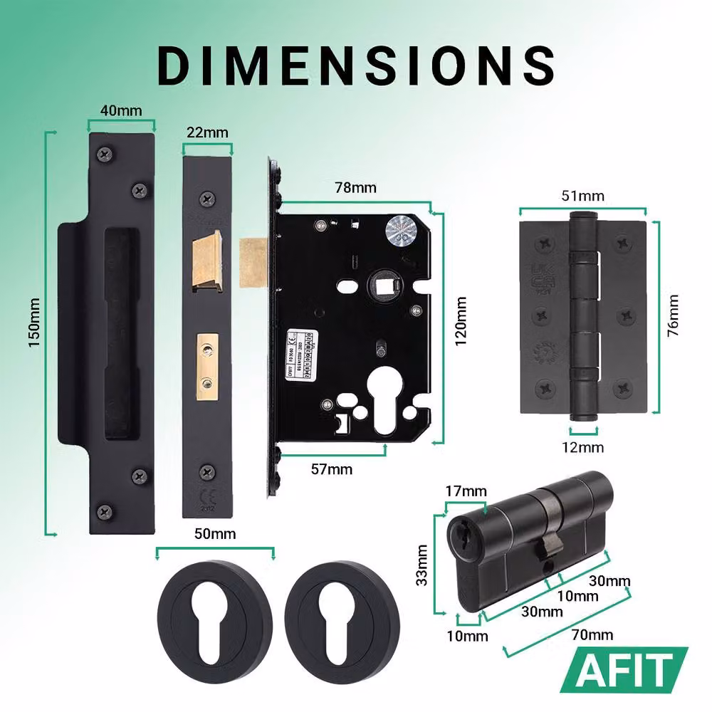 AFIT Black Aluminium Door Handle, Euro Lock Cylinder Set, Latch, Locks and Hinges, W/D/H: 15 x 15 x 15 cm – 4