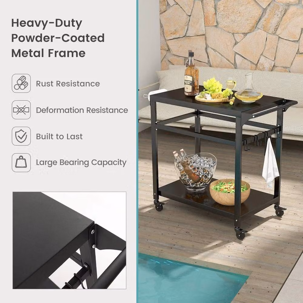Havendro Portable BBQ Dining Prep Trolley Cart in Matt Black Metal with Lockable Wheels – 3