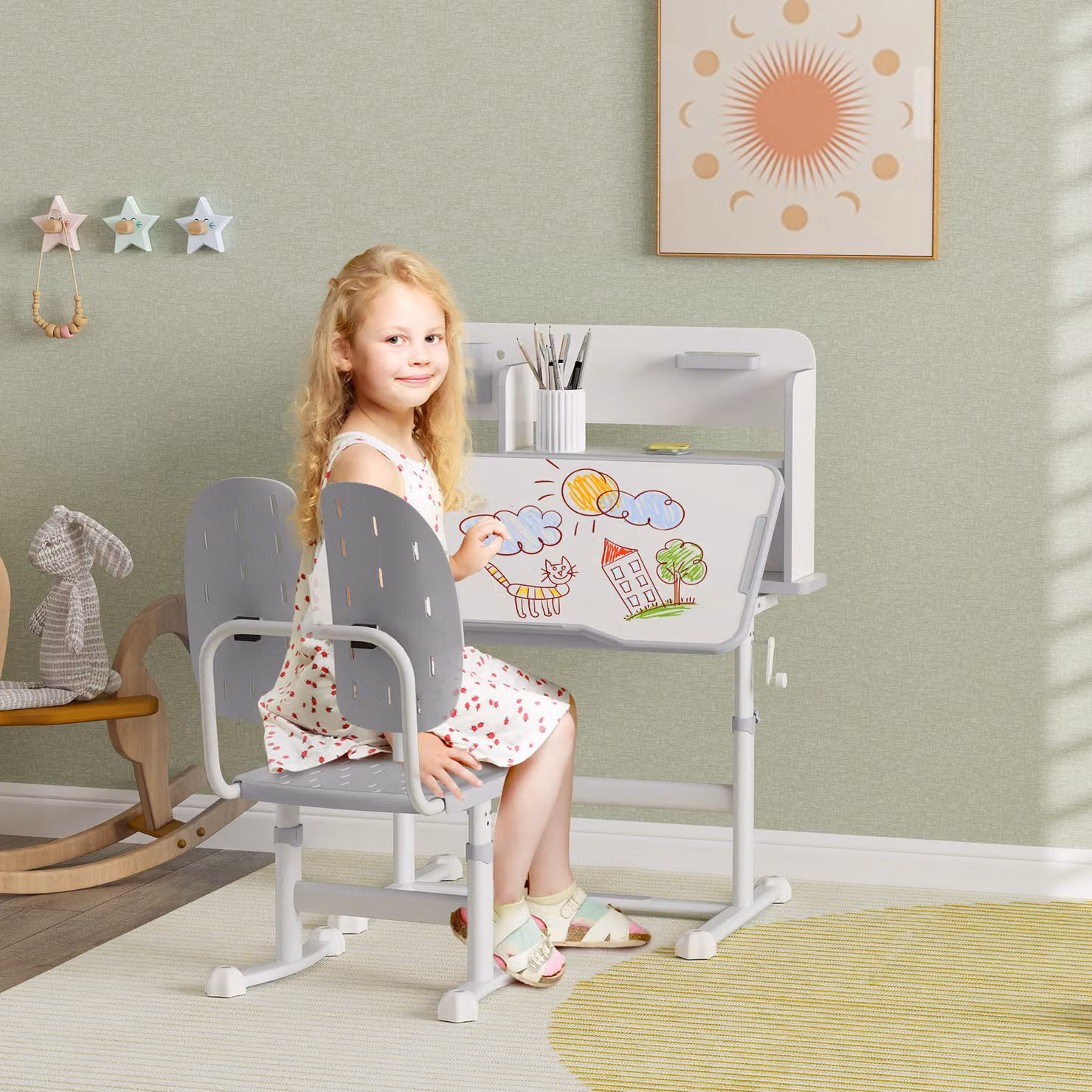 AIYAPLAY Height Adjustable Kids Desk and Chair Set with Tiltable Desktop and Reading Rack, Grey – 2