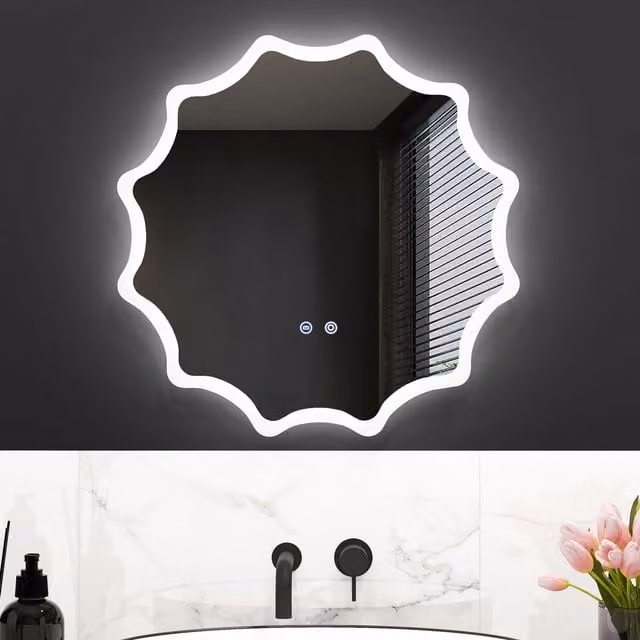 Costway Round Anti-fog 3-Colour LED Lights Bathroom Mirror with Waved Edge in Silver, Diameter: 60 cm – 1