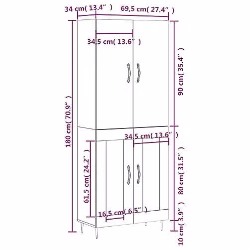 vidaXL Highboard in Smoked Oak, Brown Engineered Wood, W/D/H: 69.5 x 34 x 180 cm – 3