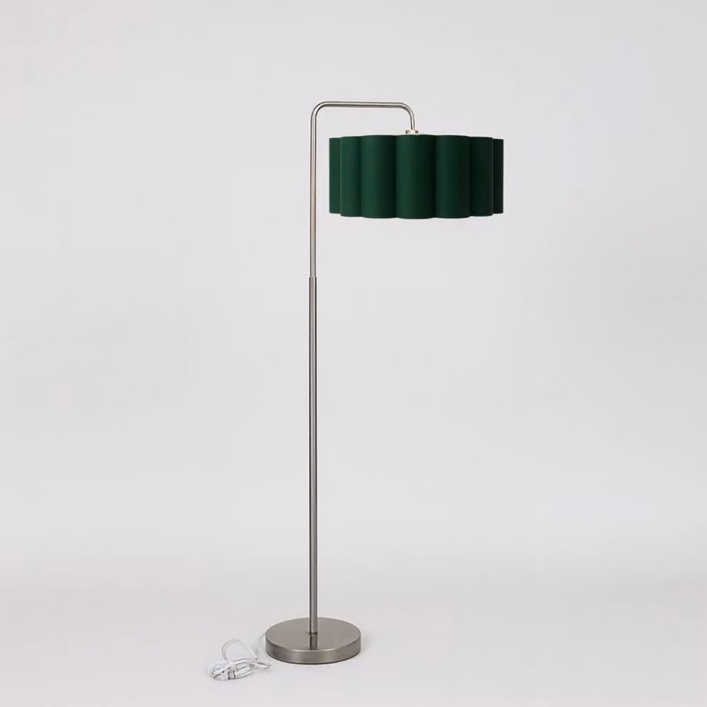 CGC Lighting Kyra Brushed Nickel Angled Floor Lamp with Large Scalloped Lampshade in Metallic Silver