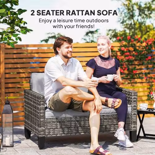 Outsunny 2 Seater Rattan Garden Sofa with Upholstered Cushions and Powder Coated Steel Frame, Grey – 3