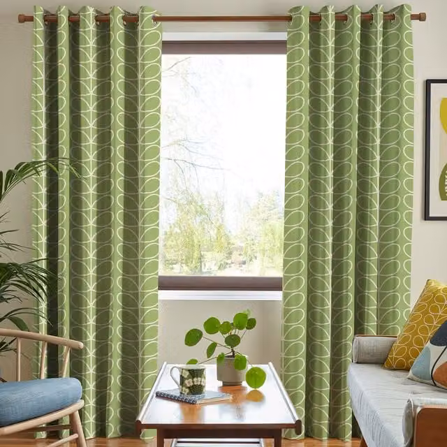 Orla Kiely Made to Measure Blackout Eyelet Curtain in Jumbo Linear Stem Chalky Green Cotton
