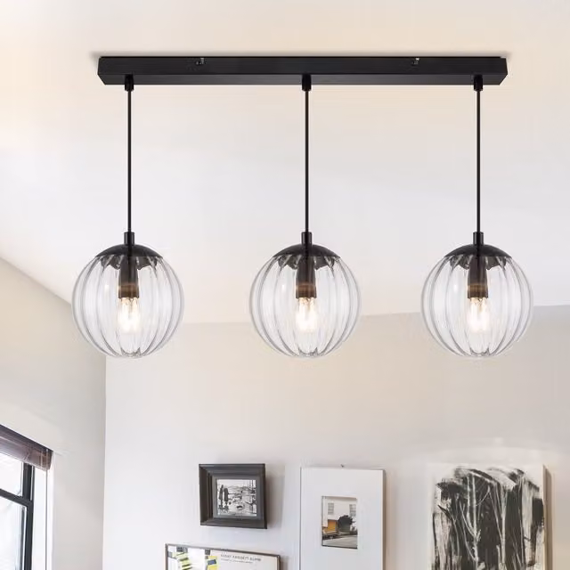COSYLYTE Kingston 3 Light Glass Bar Pendant Light in Matt Black with Transparent Glass Shades
