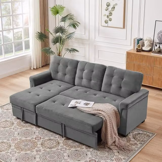 FURNITURE ONE L-shaped Corner Sofa Bed with Reversible Storage in Grey Velvet Fabric – 1
