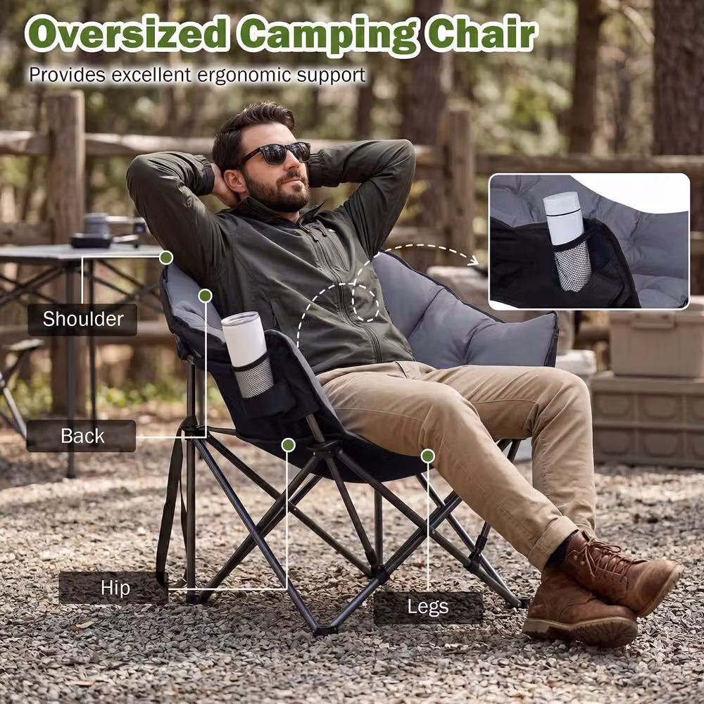 Costway Oversized Folding Camping Chair with Padded Seat and Cup Holder in Grey – 8