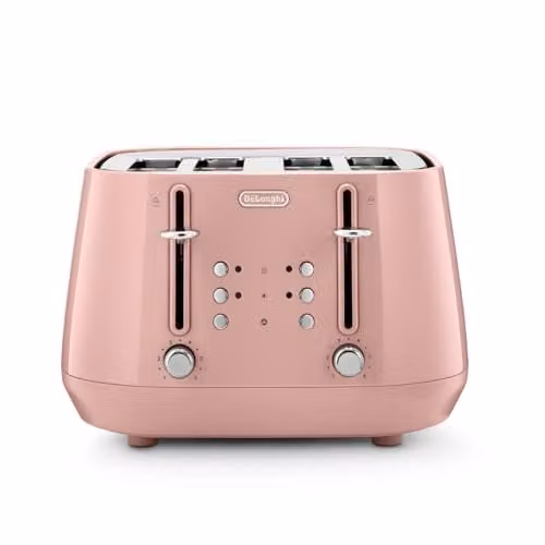 De'Longhi Eclettica CTY4003.PK 4-Slot Metal Toaster with Reheat and Defrost Functions, Pink