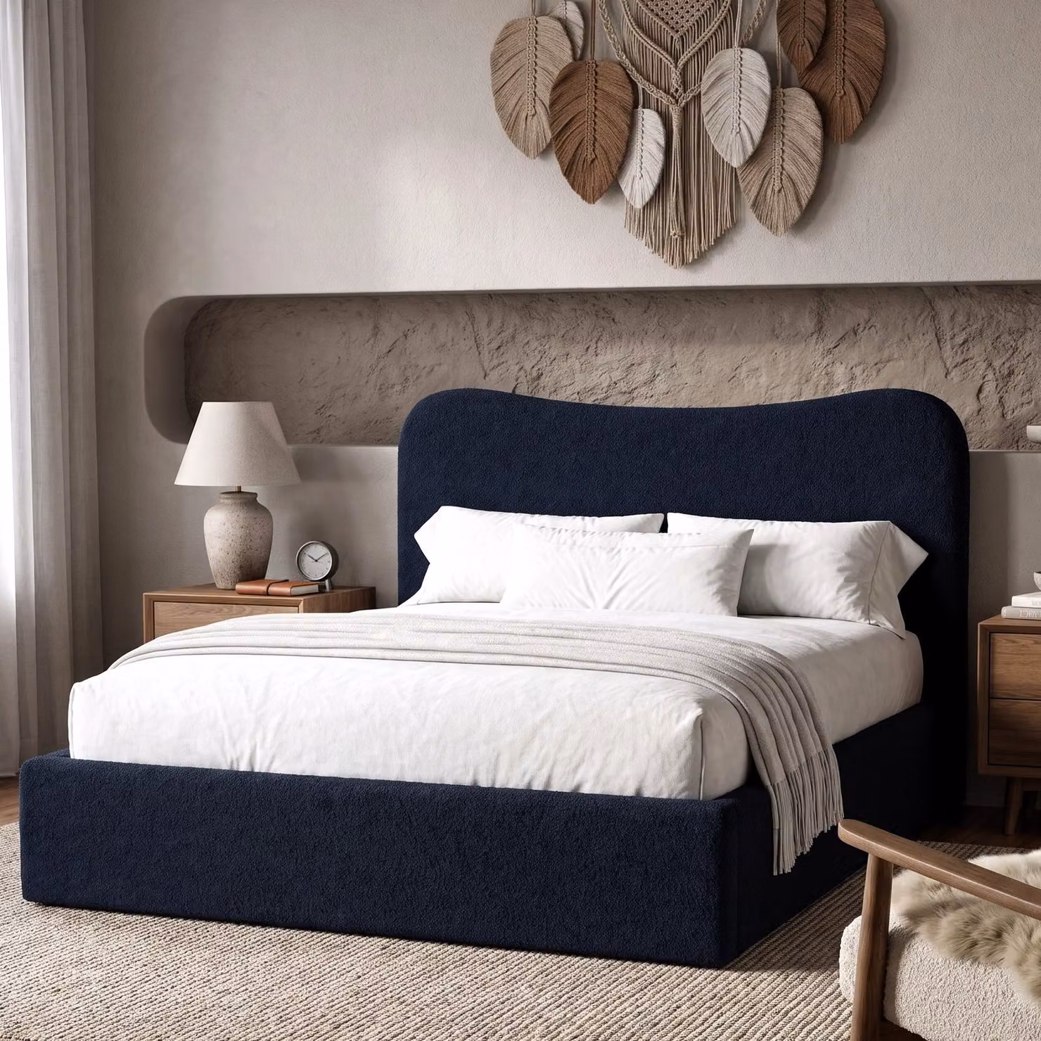 DHS Blue Bouclé Curved Headboard Ottoman Storage Bed Frame, Double (140 x 200 cm)