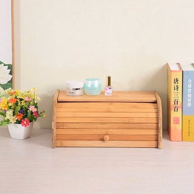 KORVIXA Bamboo Roll Top Bread Bin with Ventilated Storage in Brown