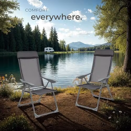 tectake Set of 4 Folding Garden Chairs with Adjustable Backrest and Head Cushions in Anthracite Grey – 2