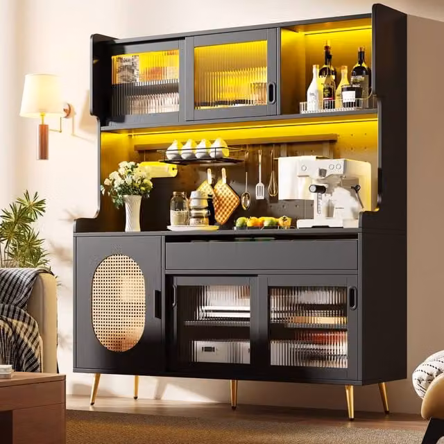 Merax Large Kitchen Pantry Cabinet with Coffee Station, LED Light and Pegboard in Black