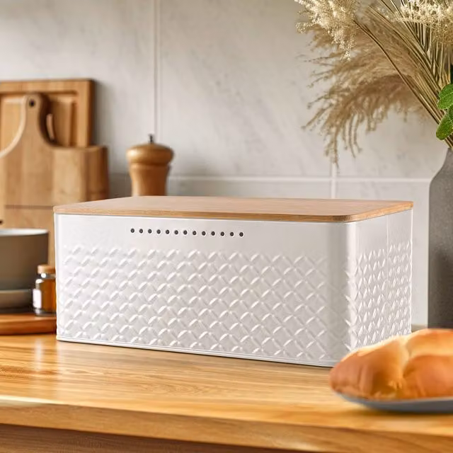 Living and Home Metal Bread Box with Bamboo Lid, White
