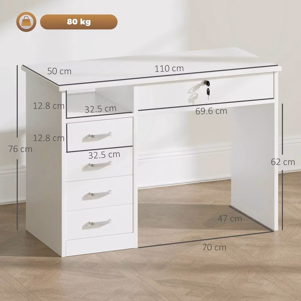 NESTLUNE White Computer Writing Desk with Five Drawers, W: 100 cm, D: 15 cm – 2