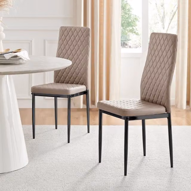 FurnitureboxUK Set of 6 Milan High Back Diamond Pattern Faux Leather Dining Chairs in Beige with Black Metal Legs – 1