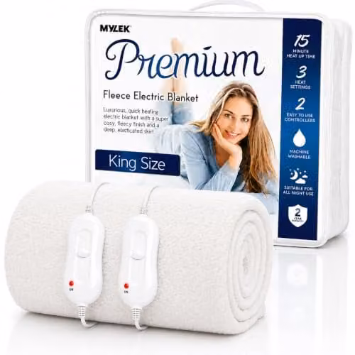 Mylek Fleece Fitted Heated Mattress Cover White King Size W/D/H: 152 x 180 x 40 cm – 1