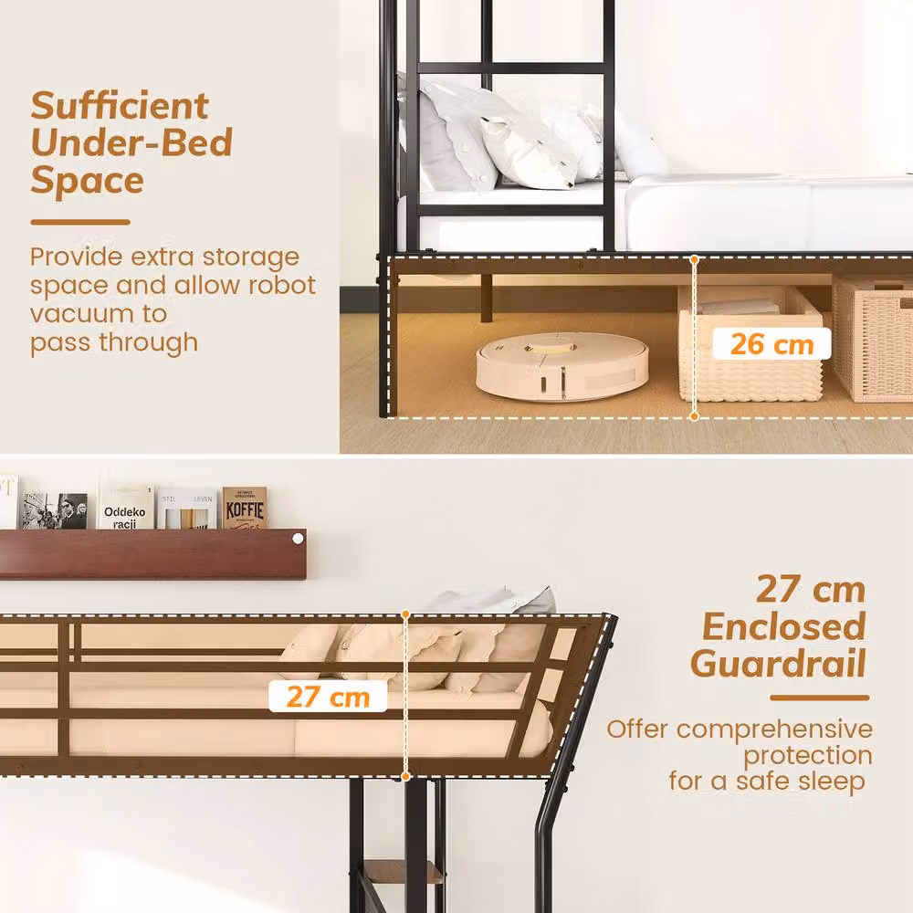 Gymax Metal Single Loft Bed with Desk and Ladder in Black, 90 x 190 cm – 6