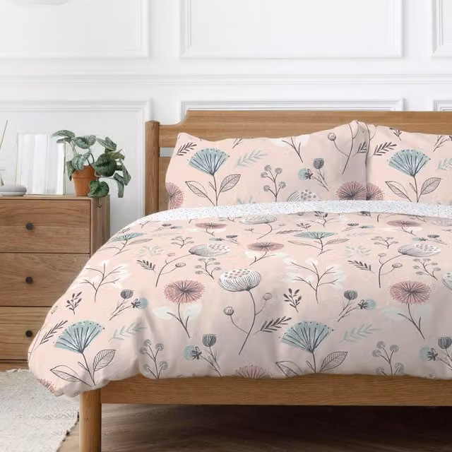 Copenhagen Home Reversible Floral Polycotton Duvet Cover Set in Pink and Blue, 90 x 200 cm