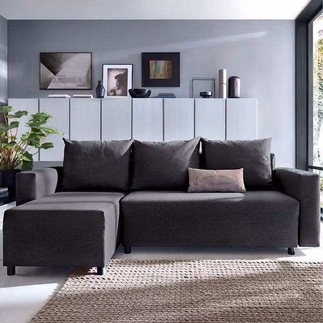 Abakus Direct Oslo Reversible L-Shape Corner Sofa Bed in Black Fabric with Sleeping Function and Lift-Up Seat