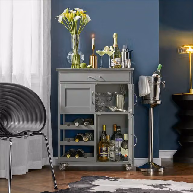 SoBuy Modern Kitchen Trolley Storage Cart with Wine Rack in Grey