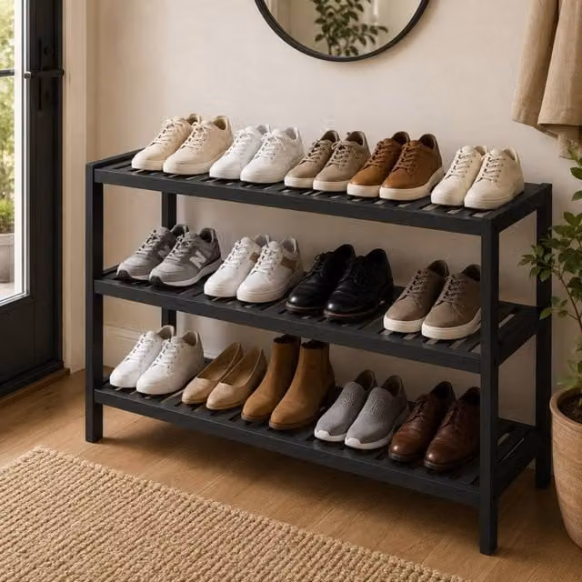 Keplin 3-Tier Bamboo Shoe Rack in Black, Modern Freestanding Wooden Shoe Organiser for Hallways, W/D/H: 70 x 55 x 55 cm