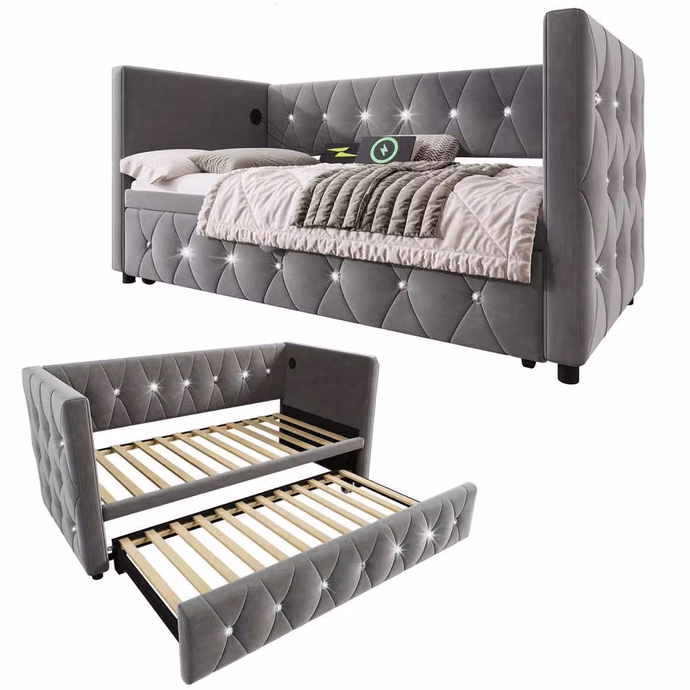 BTM Grey Velvet 3FT Daybed with Trundle and USB/Type-C Charging Ports, W/D/H: 90 x 190 x 76 cm – 4