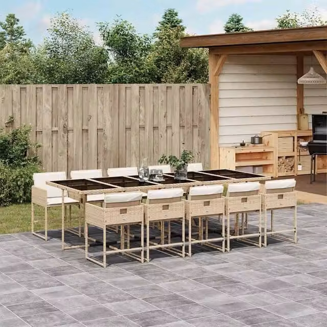 Berkfield Home 10-Seater Garden Dining Set in Beige, White and Black PE Rattan with Glass Top – 1