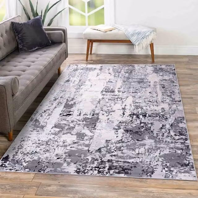 Serdim Rugs Emperor Styra Modern Grunge Abstract Rectangular Area Rug in Silver, W: 200 cm, D: 290 cm