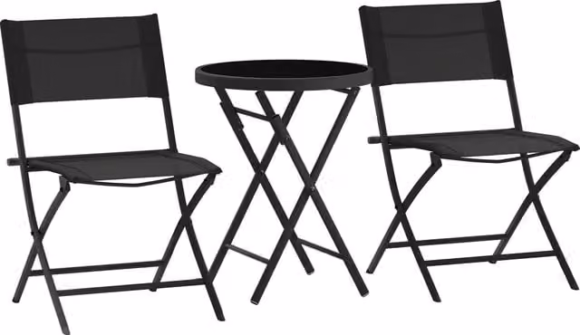 Outsunny 3 Piece Outdoor Bistro Set with Round Glass Top Table and 2 Folding Chairs in Black – 1